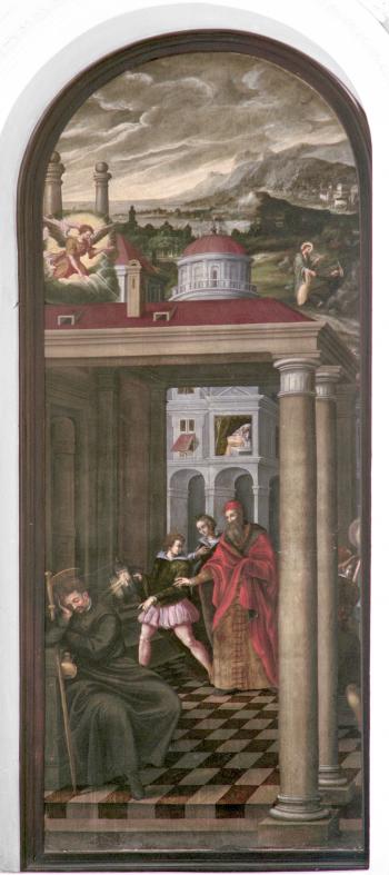 Ignatius auf der Pilgerreise ins Heilige Land. Der venezianische Senator Trevisano findet den erschöpften Pilger Ignatius in der Bogenhalle am Markusplatz.