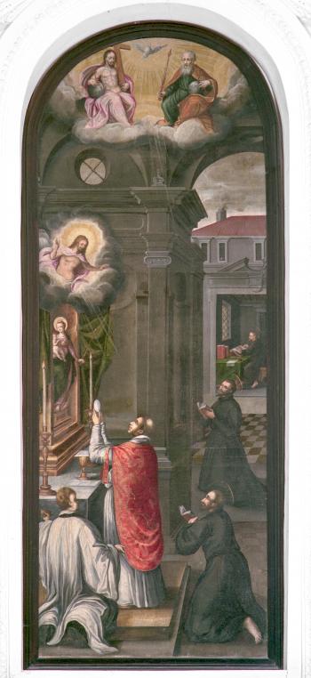 Erscheinungen beim Besuch der Heiligen Messe: Muttergottes mit Kind, Jesus in der Hostie, Dreifaltigkeit.